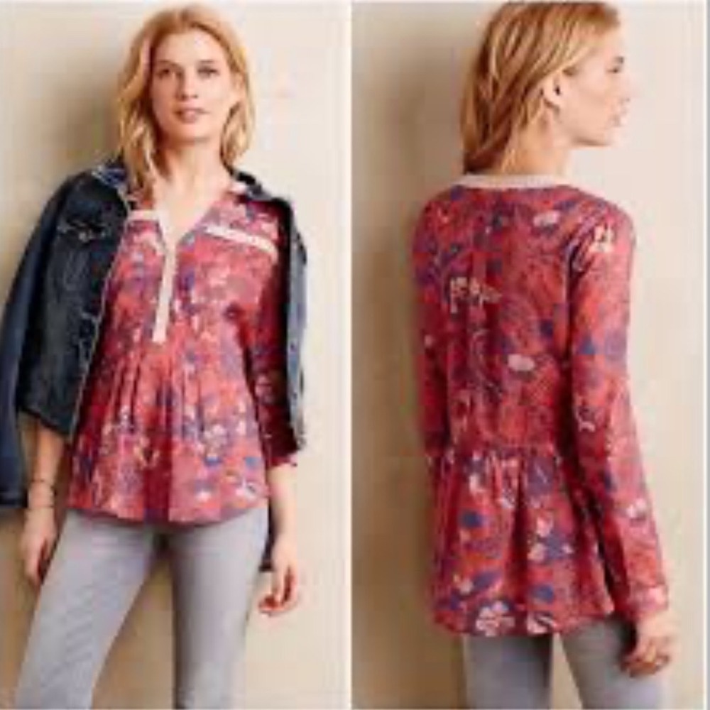 Maeve Anthropologie Abella Floral Paisley Crochet Lace Pintuck Peplum Blouse 2